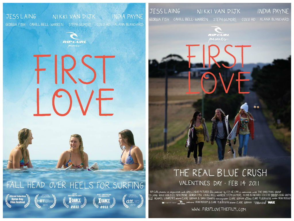 Two film posters for First Love, showing screening times and film awards. In the first image, three girls sit on their boards in the ocean, in the second they are walking on the side of a country road holding their surfboards.