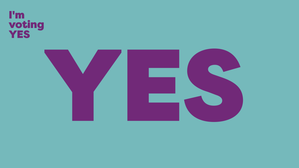 Teal blue tile with purple text that reads I'm voting yes in left hand corner and YES in large capital letters across the tile